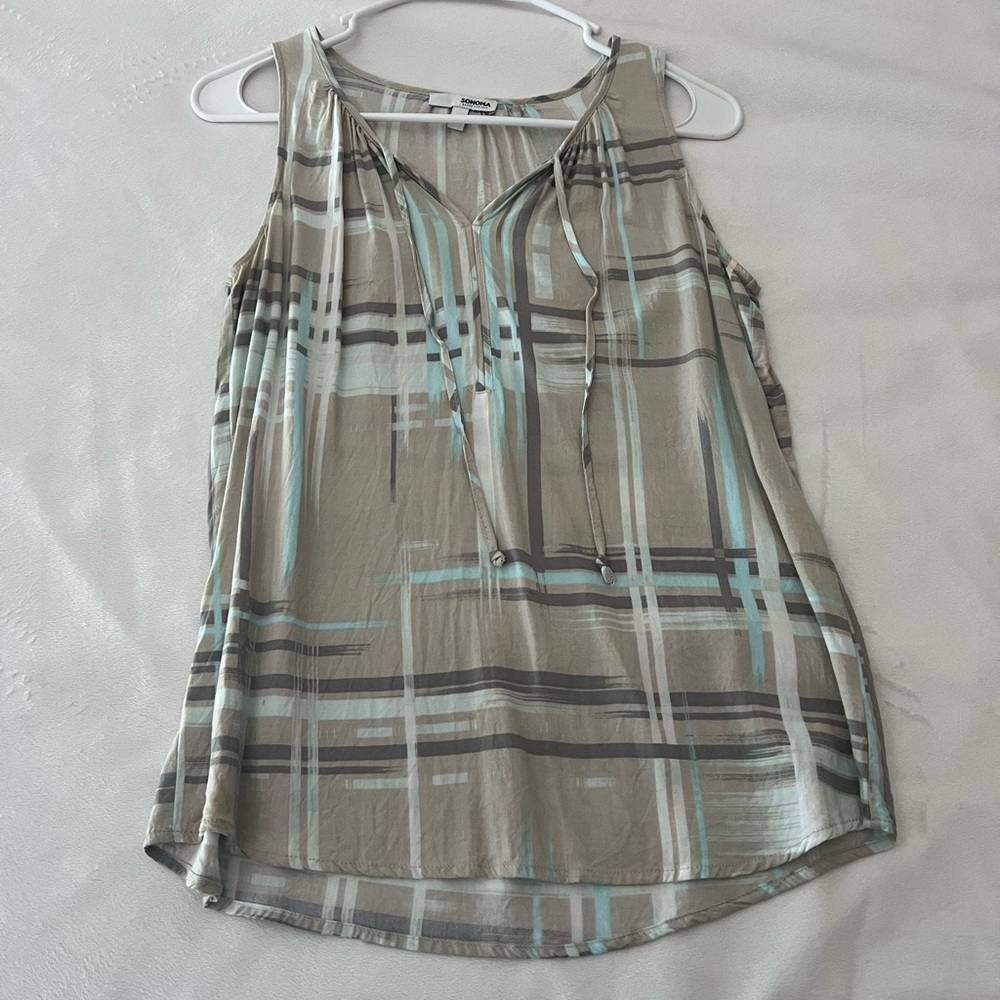 Sonoma Taupe Plaid Sleeveless V-Neck Tie-Front Camisole